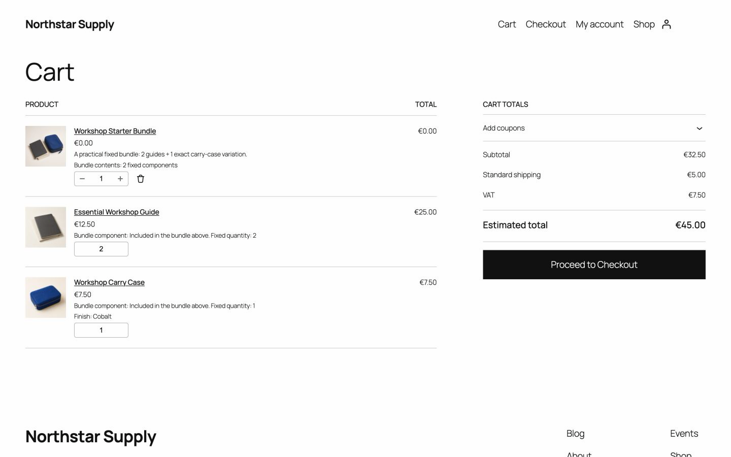 WooCommerce Cart block showing a bundle container and priced component lines