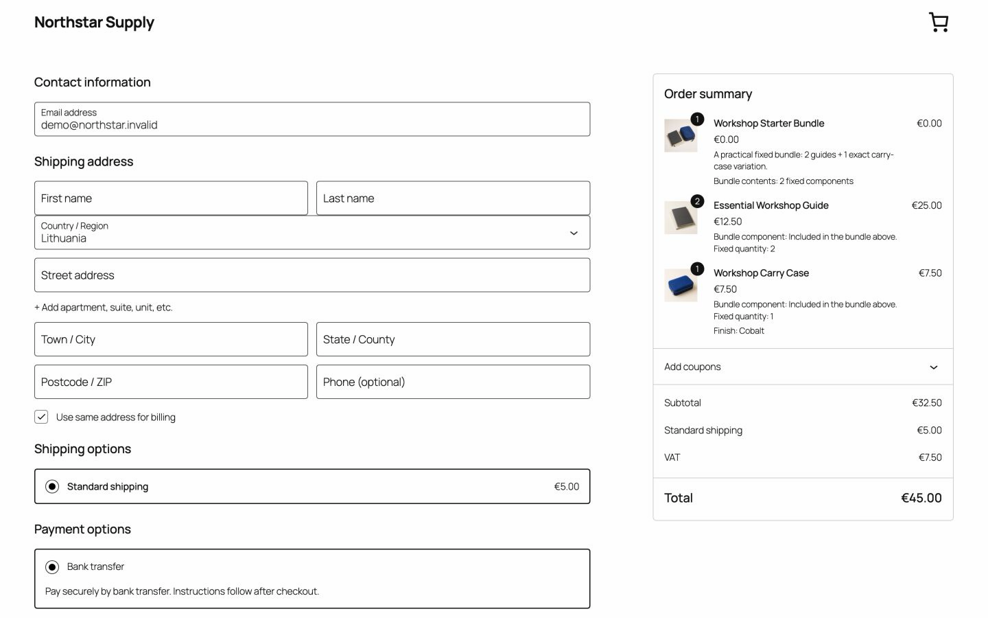 WooCommerce Checkout block showing bundle components, shipping, VAT, and total