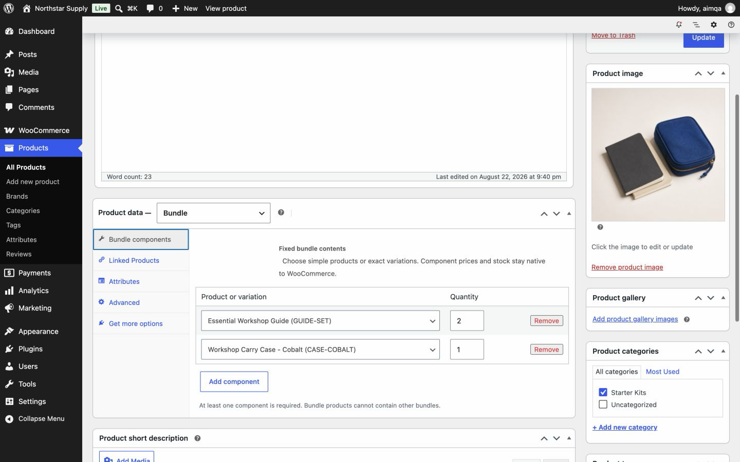 WooCommerce product editor showing two fixed bundle components and their quantities