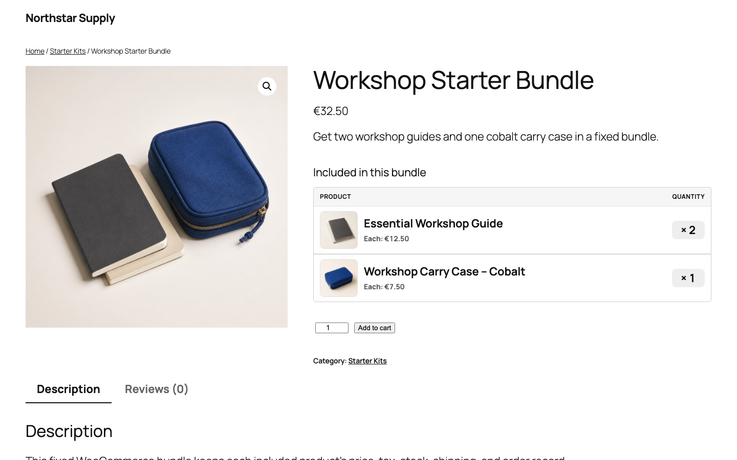 Synthetic WooCommerce storefront showing the Workshop Starter Bundle and its included items