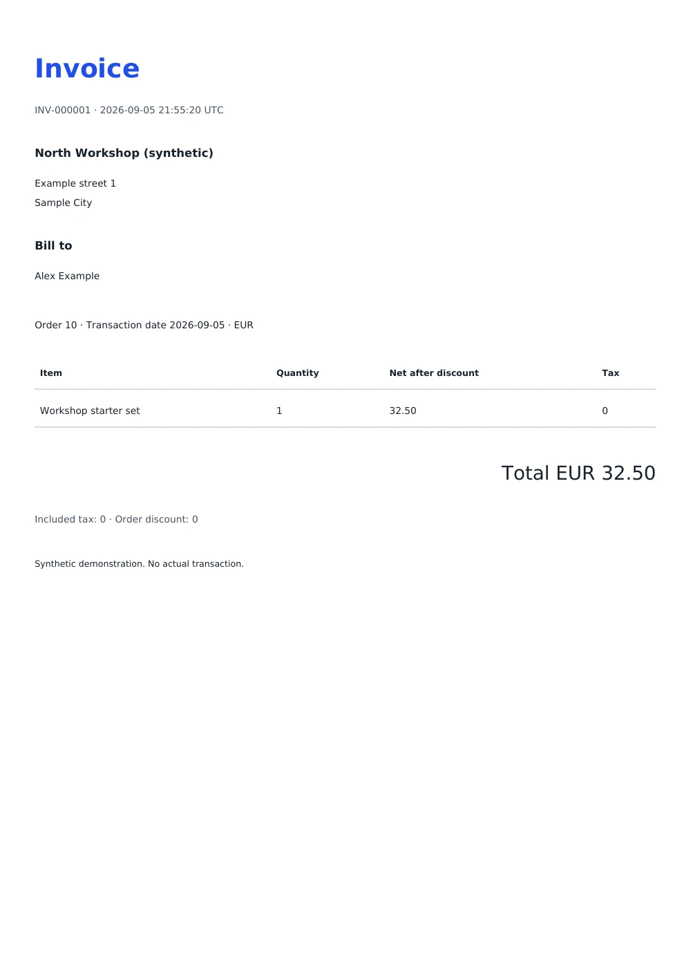 Synthetic PDF invoice generated by Advanced Invoices for a EUR 32.50 order