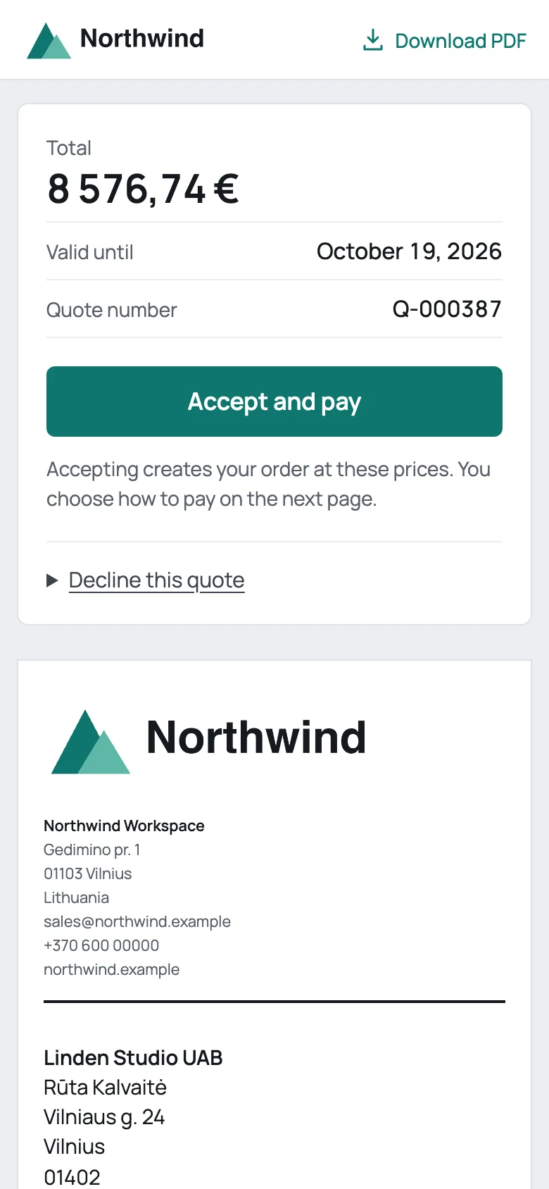 Quote on a phone with the Accept and pay button