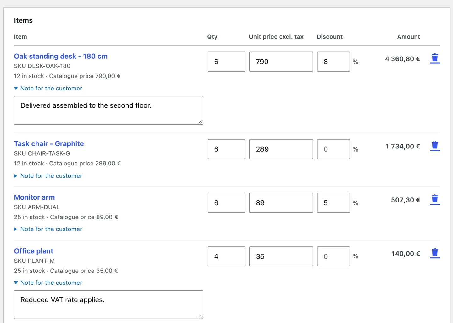 Quote generator with desks, chairs and monitor arms, each with a quantity, a unit price and a discount.