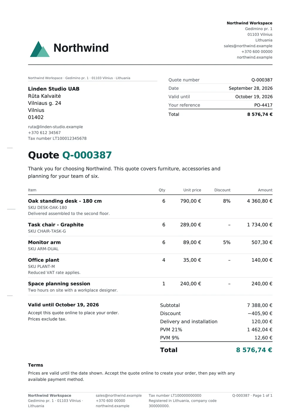 Synthetic A4 quote Q-000042 for office furniture with a total of 8,576.74 euro, generated by Advanced Quotes.