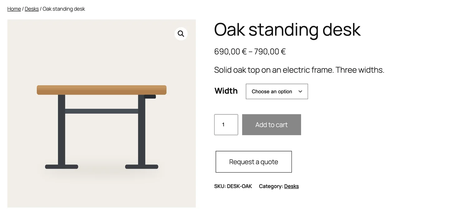 Synthetic product page for an oak standing desk with Add to cart and Request a quote buttons.